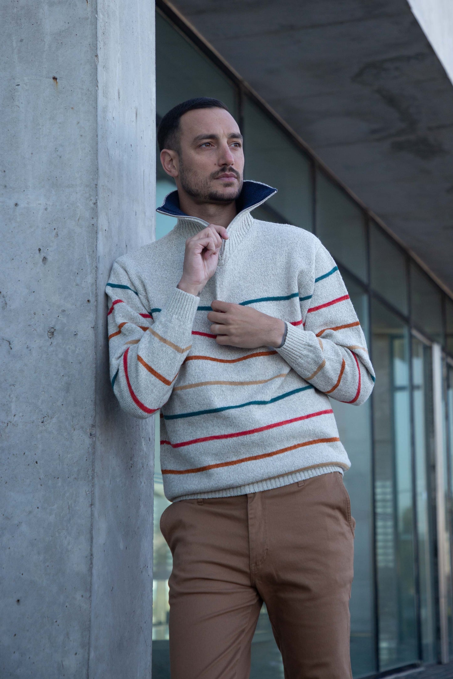 POLERA CON CIERRE LANA RAYADA BEIGE - ART.4971