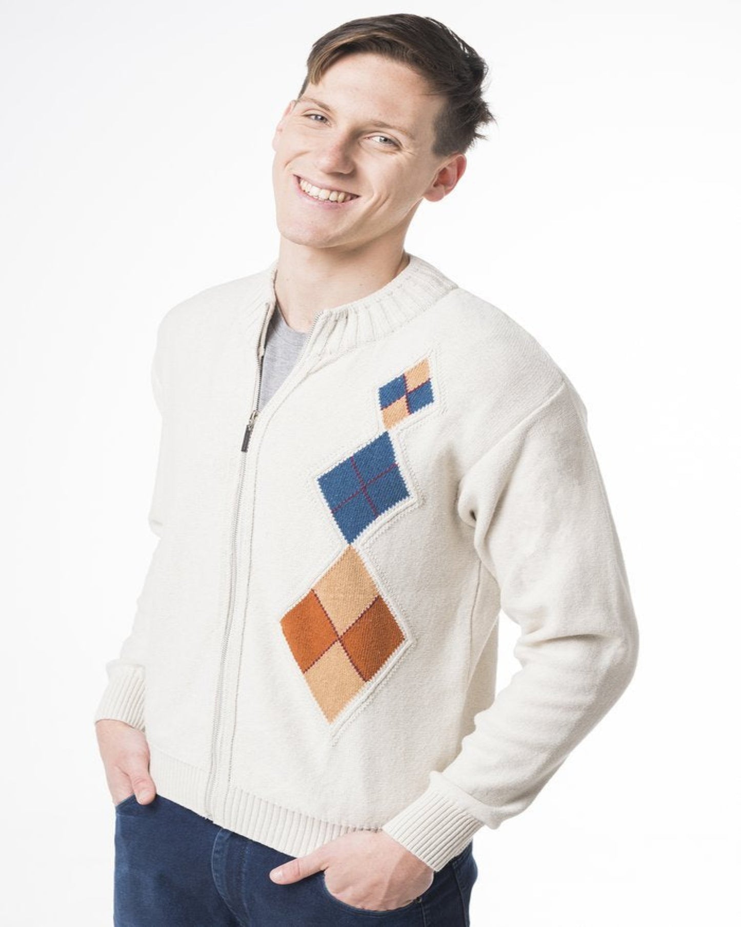 CAMPERA CON CIERRE ALGODÓN ROMBOS CRUDA - ART.4906
