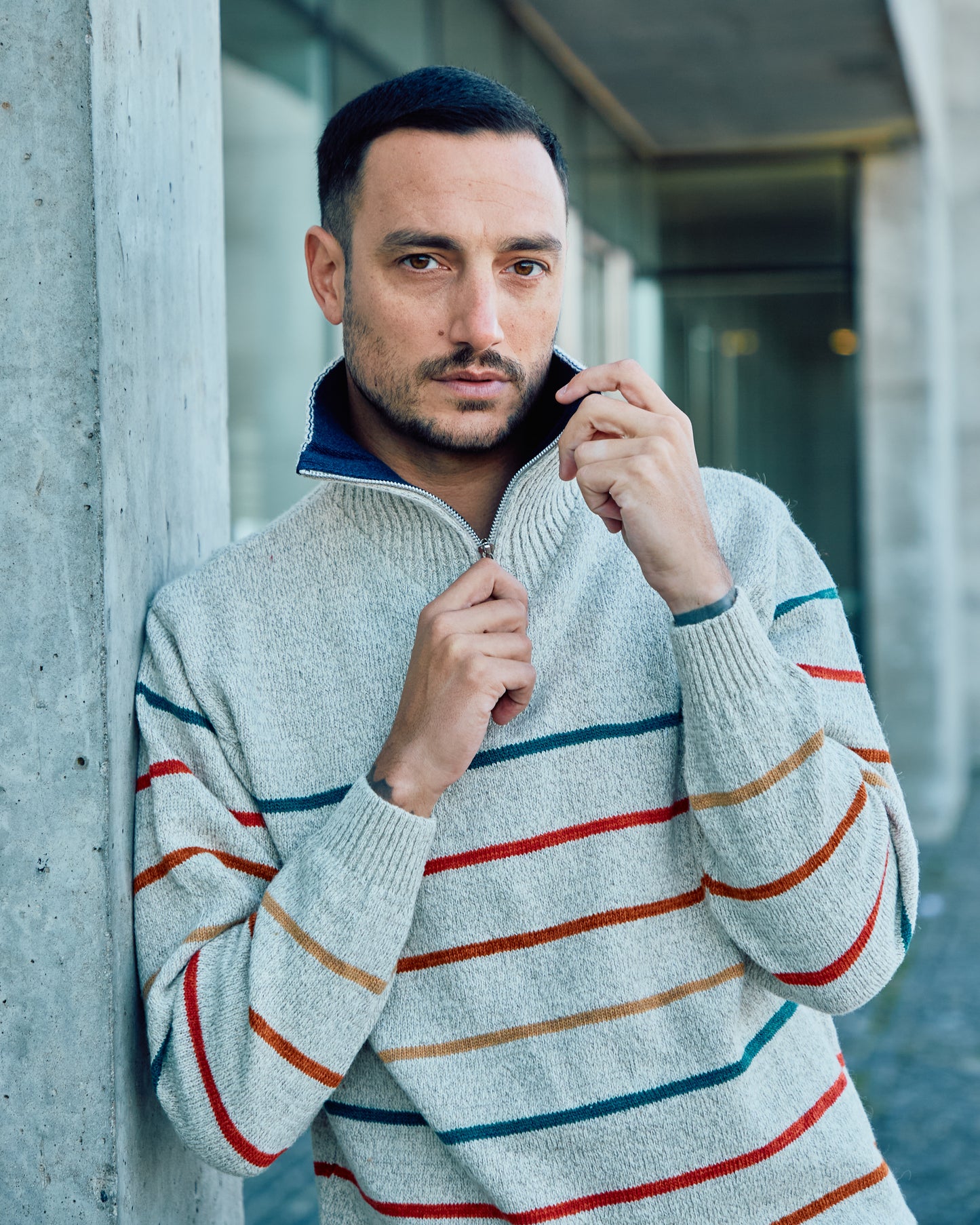 POLERA CON CIERRE LANA RAYADA BEIGE - ART.4971