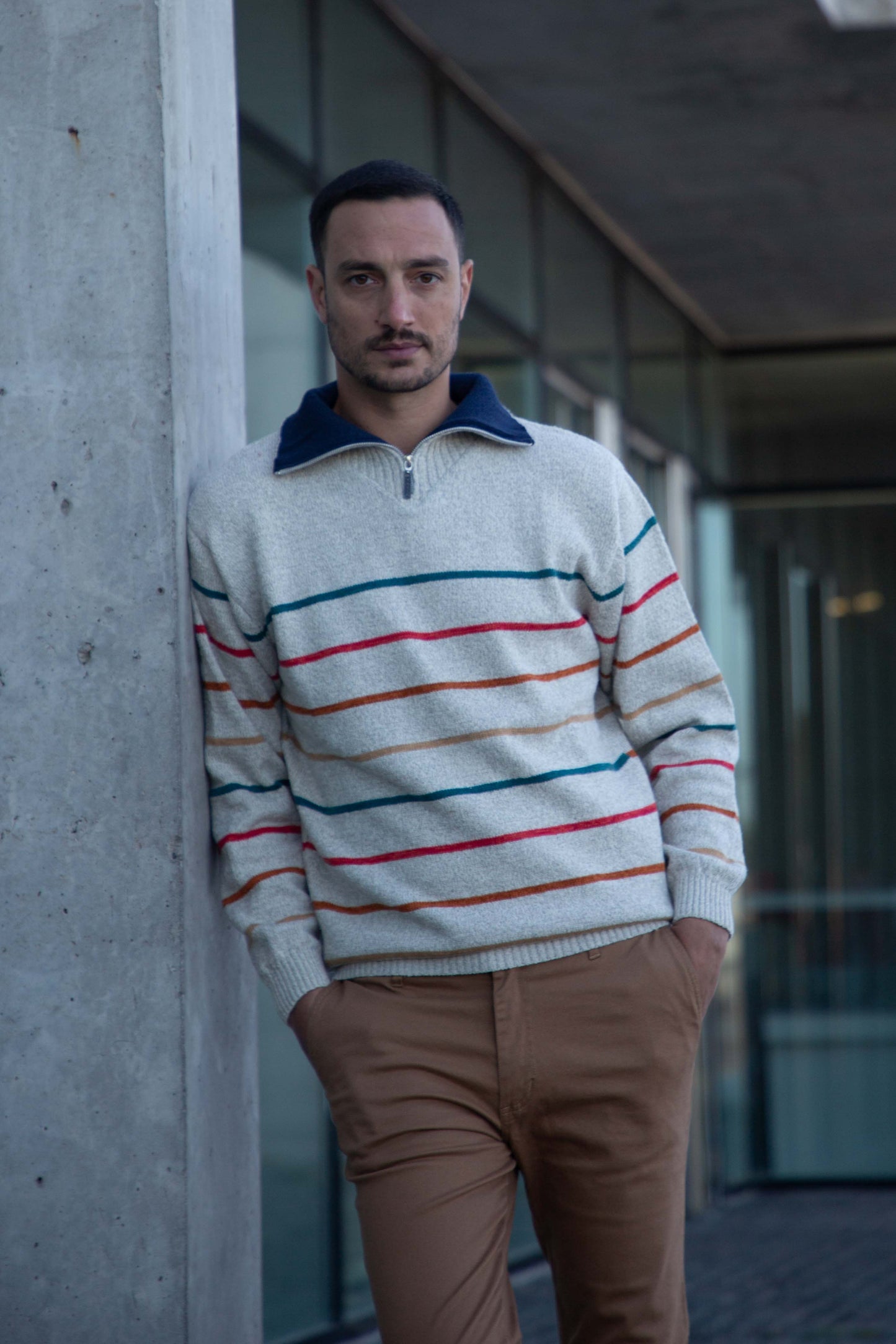 POLERA CON CIERRE LANA RAYADA BEIGE - ART.4971