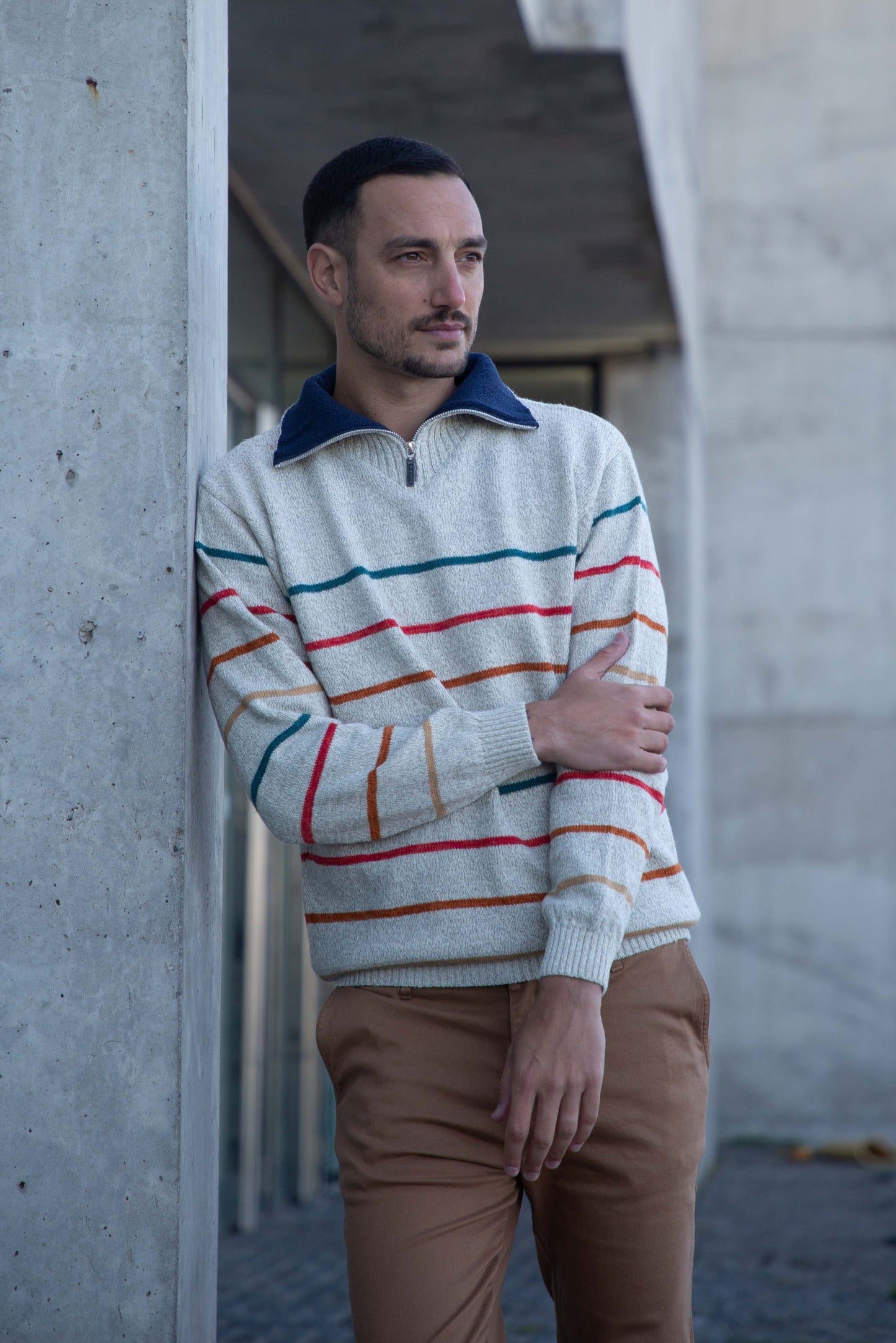 POLERA CON CIERRE LANA RAYADA BEIGE - ART.4971